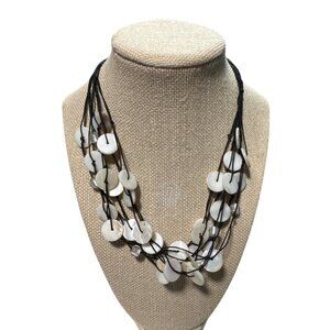 Ladies Boho  Mother of Pearl Round Multi Strand Black Cotton Cord Necklace  18